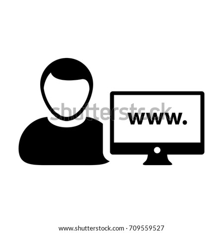 Website Icon Vector Person With Male User Computer Monitor and World Wide Web in Glyph Pictogram Avatar Symbol illustration