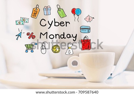 Cyber Monday concept with a cup of coffee and a laptop