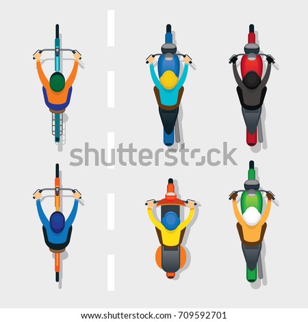 People on Motorcycles and Bicycles Top or Above View, on the Road, Automobile and Transportation