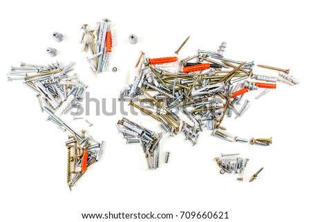 map of the world made of screws and fasteners on white background, worldwide construction industry concept