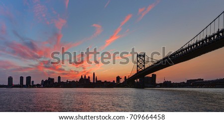 Panoramic of the Ben Franklin bridge and Philadelphia skyline with dramatic red clouds