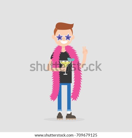 Creative industry. Show business. Party concept. Young cheerful character wearing bright accessories and drinking a cocktail. Flat editable vector illustration, clip art
