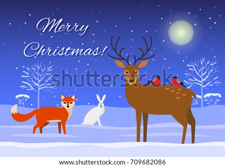 Snowy forest with wild beasts in a cartoon style. A greeting card "Merry Christmas!" . flat vector illustration