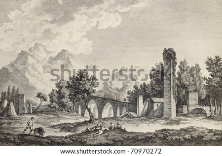 Ponte Ammiraglio (Admiral's bridge) in Palermo surroundings, Italy. By Chatelet and De Longueil, pub. on Voyage Pittoresque de Naples et de Sicilie,  J. C. R. de Saint Non, Im.de Clousier, Paris, 1786