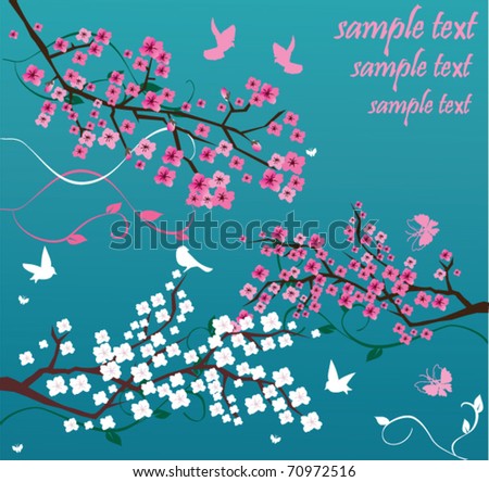 blossom branches with birds, butterflies and space for your text