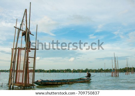 Life asian fisherman and bamboo machinery at Yoh Island, Songkhla Lake, Songkhla, Thailand