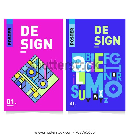 Vector covers design set with retro style. Cool geometric memphis style poster template with alphabets typography layout. Summer and autumn design template.