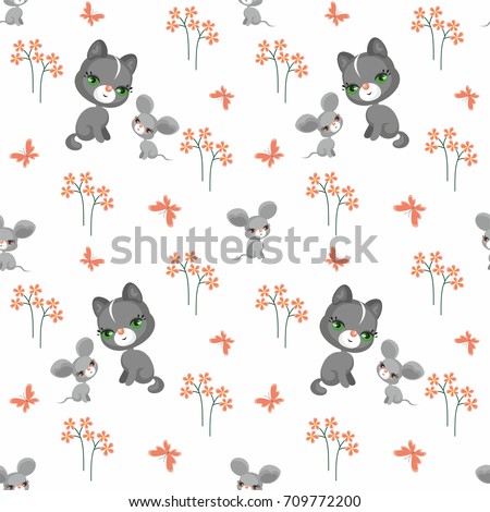 Vector colorful seamless pattern with the image of cute pets in cartoon style.