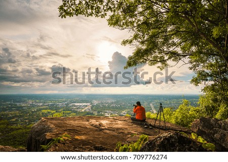 Aerial view, landscape of tree, mountain from the top of mountain on sunset