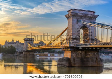 Budapest Hungary, sunrise city skyline at Chain Bridge Royalty-Free Stock Photo #709800703