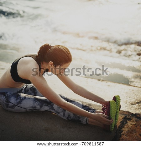 Beautiful Woman Yoga Beach Morning Concept