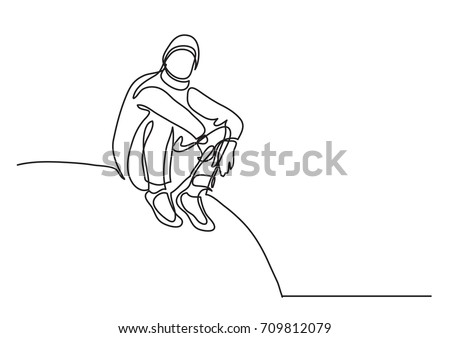 one line drawing of traveler sitting on hill