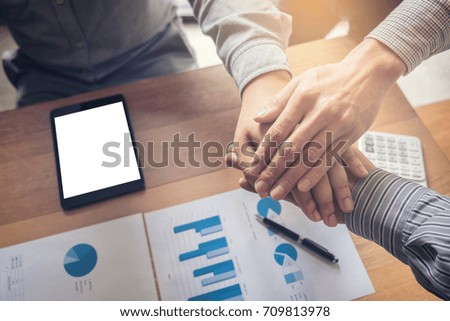Teamwork process, Image of business,  people joining and putting hands together during their meeting, connection and Collaboration concept.