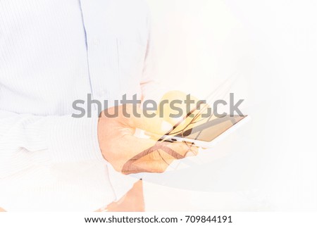 business men touching on smart phone for connection,Wireless technology concept.double  exposure. 