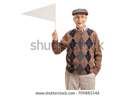 Senior holding a white triangular flag isolated on white background