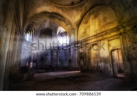 Mystical fantasy haunted abandoned temple. Interior of abandoned church of St. Demetrius of Thessalonica Royalty-Free Stock Photo #709886539