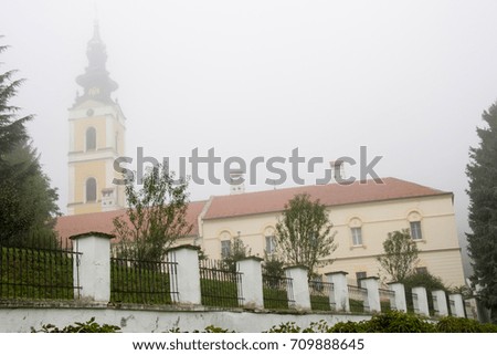 Misty morning in the medieval monastery of the national park Fruska Gora, Serbia