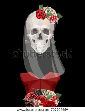 Skeleton of bride with bouquet, red dress, flower wreath and veil in low poly style. Black background. Vector illustration