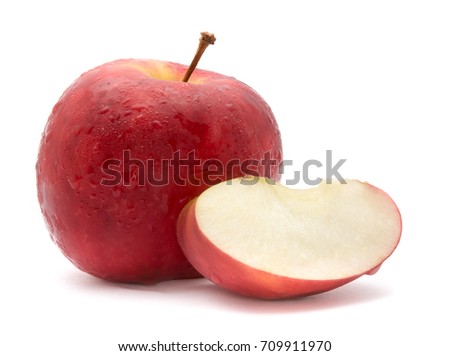 Isolated apples. Whole red apple fruit with slice (cut) isolated on white with clipping path  with water drop in Full Depth of Field with Clipping Path.