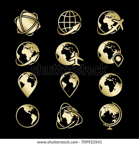 Golden globe earth icons collection on black backdrop. Vector illustration