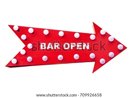 Vintage Wood Red Arrow With Light Bulb And Sign Bar Open Isolated On White Background 