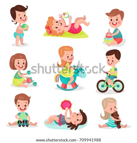 Happy little boys and girls playing with toys set, cute kids enjoying playing colorful cartoon vector Illustrations