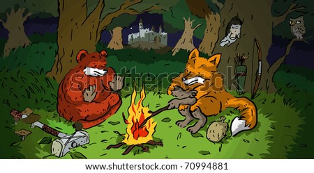 a bear and a fox is roasting in a camp fire at the forest outside the castle
