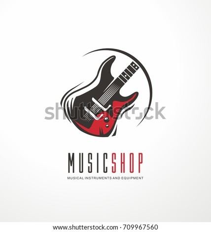 Music shop logo design concept with electric guitar in circle. Emblem for musical instruments store, Vector symbol.