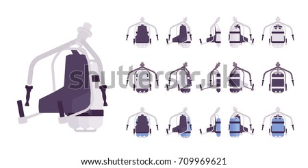 Jet pack set in white color. Hands-free hover, rocket belt device for extreme personal flight. Vector flat style cartoon illustration, isolated, white background. Different positions