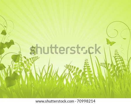 Spring background with grasses, ferns and butterflies