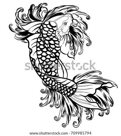 Hand drawn outline Koi fish and water splash Japanese tattoo.doodle art Koi carp fish with wave for Japanese tattoo.