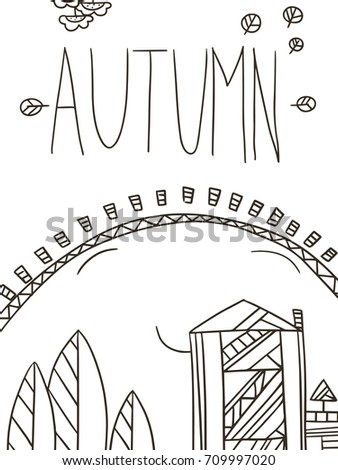 Hand drawn Autumn card. Doodle style design elements: leaves, sun, houses and tree. Autumn collection.