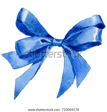 Watercolor holiday blue ribbon bow greeting illustration. Festive decoration bunting clip art. Birthday party design elements set. Isolated on white background.