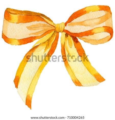 Watercolor holiday yellow ribbon bow greeting illustration. Festive decoration bunting clip art. Birthday party design elements set. Isolated on white background.