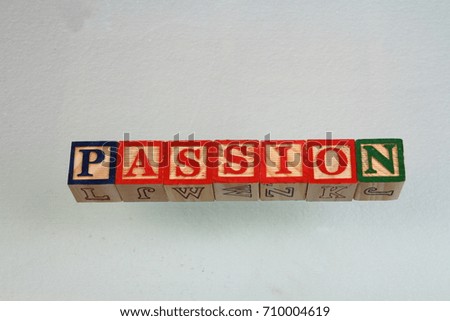 The term passion visually displayed on a white background using colorful wooden toy blocks in landscape format with copy space