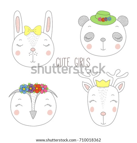 Set of hand drawn cute funny portraits of panda, bunny, reindeer, owl girls with flowers and hats. Isolated objects on white background. Vector illustration Design concept for kids.
