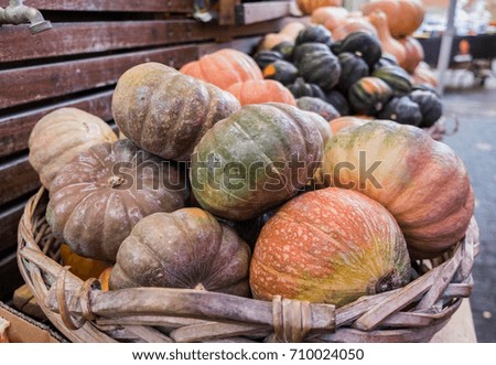 Decorative pumpkins in basket for sale at local city market
