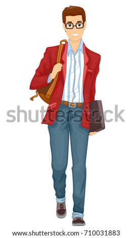 Illustration Featuring a Young Man in Glasses and Preppy Clothes Walking on His Way to School