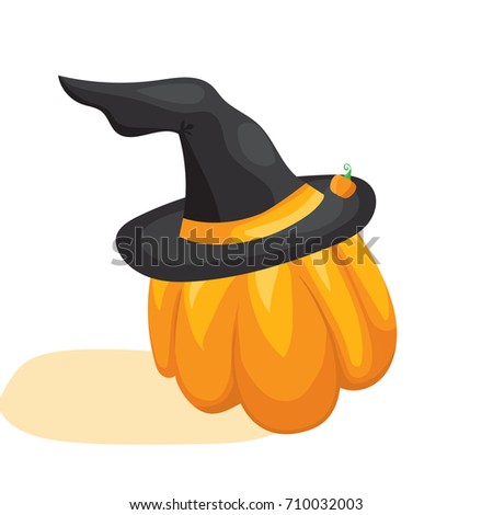 Cartoon halloween pumpkin in black witches hat Simple vector illustration. White isolated.