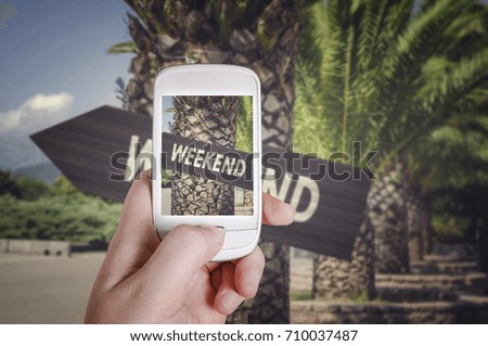 Hand with smart phone taking pictures of weekend arrow on palm tree