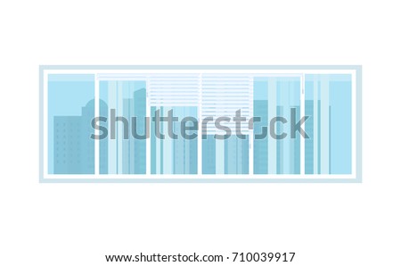 Window with blinds, overlooking the houses and streets of the city, in the interior of the room, with decorative decoration. Vector illustration isolated.