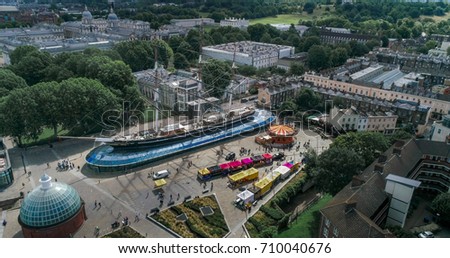 Aerial view of a tea clipper in Greenwich, London Royalty-Free Stock Photo #710040676