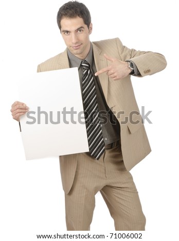 Young man in light suit holds an empty plate in the camera, isolated on a white background