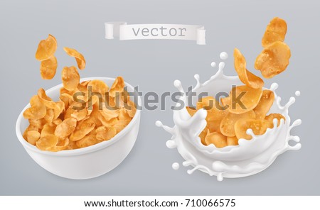 Corn flakes and milk splashes. 3d realistic vector icon set Royalty-Free Stock Photo #710066575
