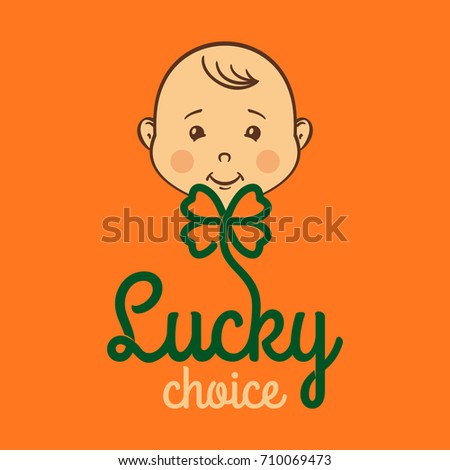 Banner for toyshop, happy child with lucky clover. Vector template.
