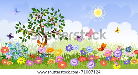 Summer landscape with fruit trees
