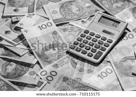 Polish money with calculator. business background. black and white photo
