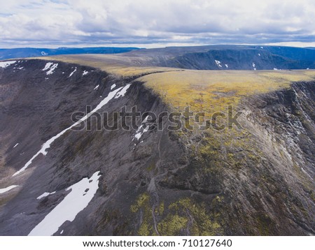 Aerial beautiful picture of Khibiny Mountains, Russia, Kola Peninsula, Murmansk, shot from drone