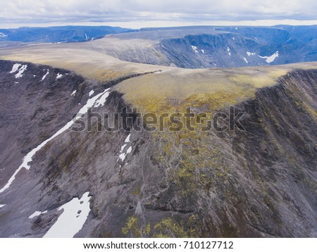 Aerial beautiful picture of Khibiny Mountains, Russia, Kola Peninsula, Murmansk, shot from drone