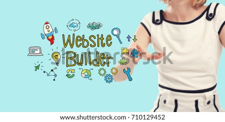 Website Builder text with young woman on a blue background